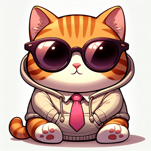 The feminine character is depicted as a cartoon-style, orange tabby cat with noticeable stripes. It features a round face, shielded by oversized, round, dark opaque sunglasses, and a physique that's charmingly smaller than its head, creating a cute, chubby look. This cat is casually dressed in a simple, light-colored hoodie with a drawstring. Unique to this character, however, is a whimsical twist—a pink tie is playfully worn on its head like a hat, adding a quirky and endearing element to its appearance. Positioned comfortably with its paws in front, the cat maintains a relaxed posture. The overall style is engagingly playful and whimsical, perfectly suited for a casual mascot or a protagonist in a children's book. The pink tie, worn in such an unconventional manner, subtly emphasizes the cat's creative and fun-loving nature, making it even more captivating and endearing..
Single Game Texture. In-Game asset. 2d. Blank background. High contrast. No shadows.