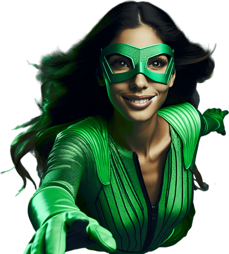 portrait of an garbage collector superhero woman wearing a green eyes mask, flying facing us, smiling in neon green suit..
single sprite, blank background.