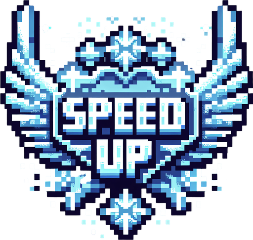 frosty text saying (SPEED UP).wings on the edges. pixelated. 8 bit. Single Game Texture. In-Game asset. 2d. Blank background. High contrast. No shadows.