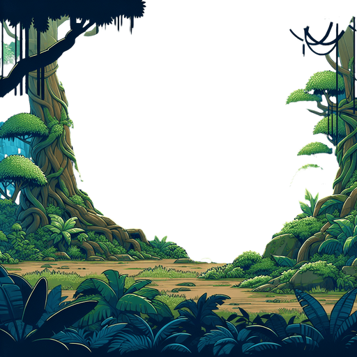 A animated image of prehistoric jungle with a cave.
Single Game Texture. In-Game asset. 2d. Blank background. High contrast. No shadows.