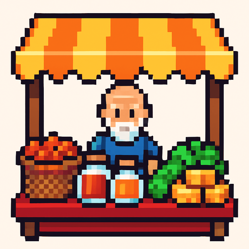 npc market pixelart.
In-Game asset.  2d.  High contrast.  No shadows