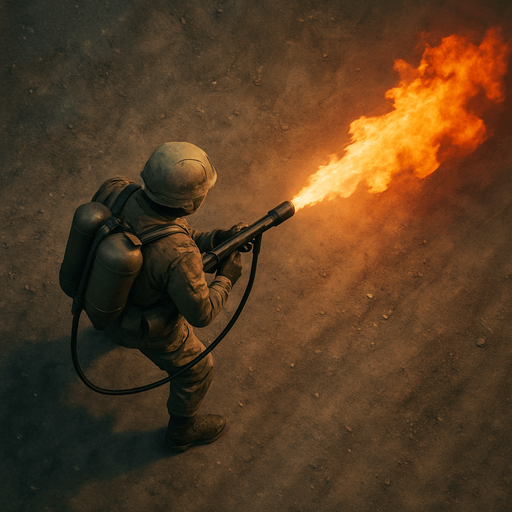 Army soldier with flamethrower, top view from drone