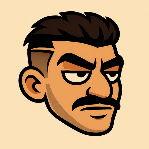 Cartoon-style head of a “keko” character inspired by Turkish street culture. The sides of his hair are shaved short, and the top is longer with volume. A clear razor line is cut into the left side of his hair. He has a thin mustache, thick eyebrows, and half-closed, confident eyes. His expression is bold and slightly smug. Skin tone is tan or medium. Facial features are sharp and masculine. The style is cartoonish, not realistic. The background is simple to keep focus on the head. The head is slightly tilted forward, as if flying like in Flappy Bird. Add a playful but tough street vibe..
In-Game asset.  2d.  High contrast.  No shadows
