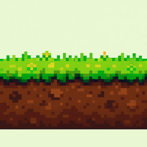 A flat, horizontal ground layer made of bright green grass on top and brown soil underneath, designed in pixel art style. The grass is slightly jagged at the top to suggest texture, and the soil has subtle pixel shading with small rocks and dirt patches. The image should be side-view and seamless, suitable for a 2D side-scrolling game like Flappy Bird, with tiny pixel flowers or varied shades of green for extra detail..
In-Game asset.  2d.  High contrast.  No shadows. pixel art. side view. seamless. ground texture. retro style
