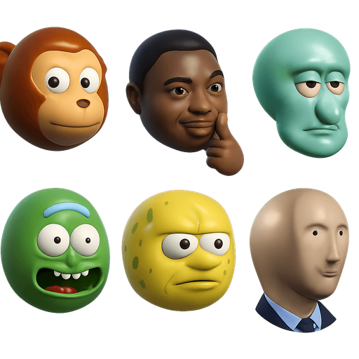 sprite sheet of famous modern meme faces of Looking back awkward monkey puppet,
Think black Guy,
Chad Squidword,
pickle rick, spongebob unga bunga, 
Stonks. each face shaped as a round marble shaped face made in blender 3D