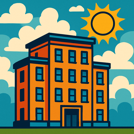 cloudy sunny building background.
In-Game asset.  2d.  High contrast.  No shadows