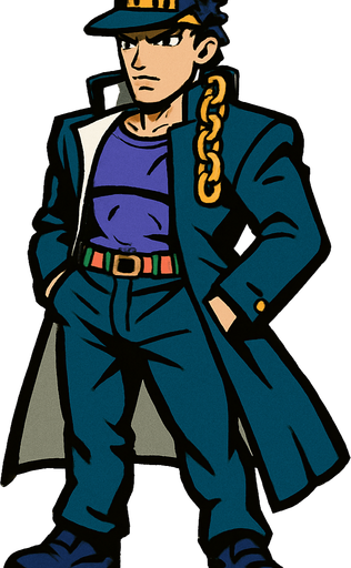 Jotaro con  cuerpo y que se vea su cabeza jojo's.
In-Game asset.  2d.  High contrast.  No shadows