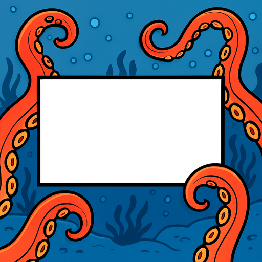 una sola viñeta en blanco de comic de manera rectangular horizontal  en el centro de la pantalla, que el back ground este adornado con un fondo marino y brazos de pulpos.
In-Game asset.  2d.  High contrast.  No shadows, que los tentaculos no toquen la viñeta q