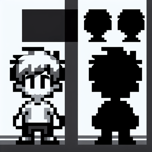 Make an 8 bit black and white grayscale boy.
Single Game Texture.  In-Game asset.  2d.  Blank background.  High contrast.  No shadows