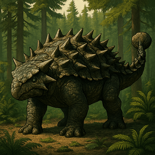 A large, heavily armored Ankylosaurus dinosaur standing in a prehistoric forest. Its body is covered with thick, bumpy, dark brown and olive-green armored plates and sharp spikes along its sides and back. The dinosaur has a broad, low head with small eyes and a short snout. Its massive tail ends with a large, club-like bony knob, ready to swing. The scene is lit by soft sunlight filtering through dense ancient conifers, with ferns and cycads on the ground. The texture of the skin is rough and scaly, showing detailed scales and scars from past battles. The overall style is realistic with natural colors and detailed textures, emphasizing the dinosaur’s power and defense..
In-Game asset.  2d.  High contrast.  No shadows