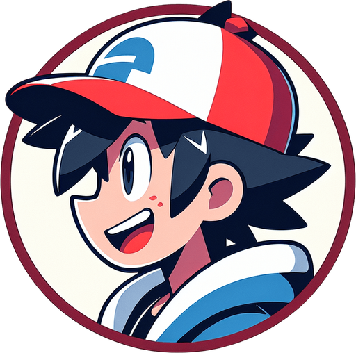 Generate a circular profile picture of Ash Ketchum from Pokémon, smiling..