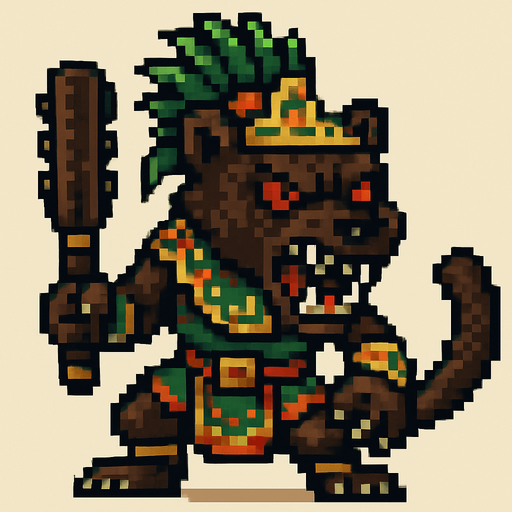 Genérame una Tayra guerrero azteca con eso patrones, estilo pixelar, con una apariencia maligna, ojos rojos, rabioso. Unidad cuerpo a cuerpo. Animal.
In-Game asset.  2d.  High contrast.  No shadows