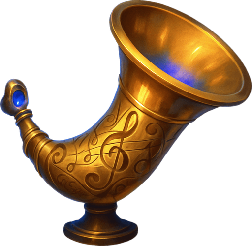 Create a detailed fantasy icon of a War Horn designed for a musical-themed tower defense game set in a haunted concert hall.

The horn should be ornate and elegant, resembling a mix between a classical brass instrument (like a French horn or trumpet) and a battle horn.

Crafted from polished brass or gold, with engraved musical symbols (clefs, notes, or swirling staff lines) along its surface.

The mouthpiece and flared bell should look slightly exaggerated, magical, or ceremonial.

Add glowing accents (blue, violet, or gold) or floating music notes around it to suggest it's enchanted.

The horn may rest on a pedestal, float slightly, or face outward ready to be sounded.

Background should be minimal or transparent. Icon must be square (256×256 or 512×512), clean and readable at small sizes.
Style: elegant fantasy UI, semi-realistic digital painting, matching the orchestral theme of the game..
In-Game asset.  2d.  High contrast.  No shadows