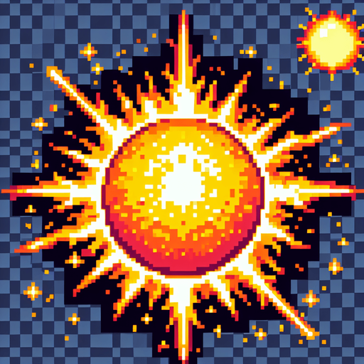 8 bit sun solar flare.
Single Game Texture. In-Game asset. 2d. Blank background. High contrast. No shadows.