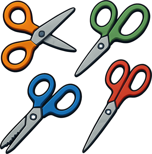 Pack of different scissors.
In-Game asset.  High contrast.  No shadows. 3D