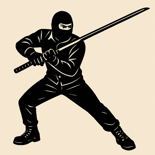 hombre con camisa negra de manga larga, pantalones negros, botas negras y guantes negros y un pasamontañas negro atacando con una katana con un mango negro.
In-Game asset.  2d.  High contrast.  No shadows