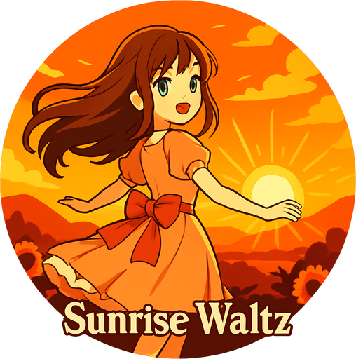 Round shape of anime style song cover with the themed Sunrise Waltz.
In-Game asset.  2d.  High contrast.  No shadows