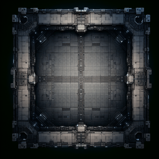 Create the top down view of what it would look to be inside of a very dark space ship's empty cargo bay..
Single Game Texture. In-Game asset. 2d. Blank background. High contrast. No shadows.