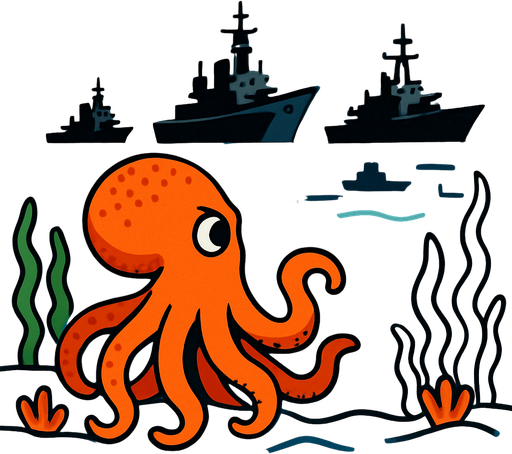 un pulpo naranja viendo que barcos de guerra vienen a atacar su hogar marino.
In-Game asset.  2d.  High contrast.  No shadows