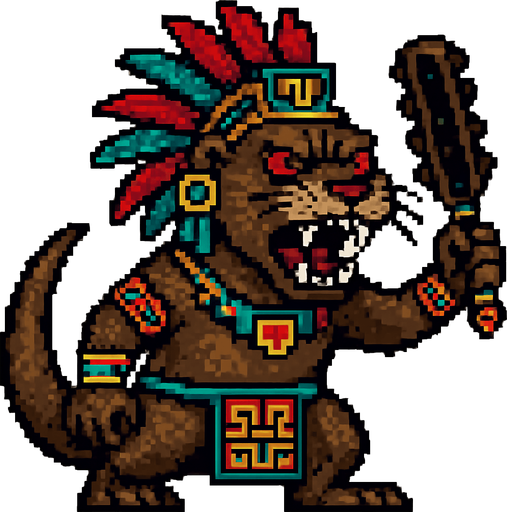 Genérame una Nutria Neotropical guerrero azteca con eso patrones, estilo pixelar, con una apariencia maligna, ojos rojos, rabioso. Unidad cuerpo a cuerpo. Animal.
In-Game asset.  2d.  High contrast.  No shadows
