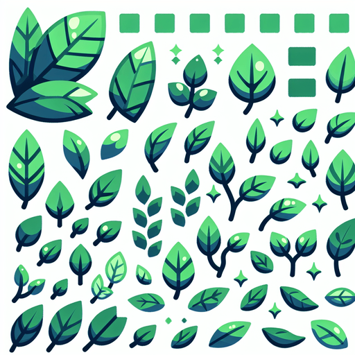 A sprite sheet of different green leaves. Cartoon..
Single Game Texture. In-Game asset. 2d. Blank background. High contrast. No shadows.