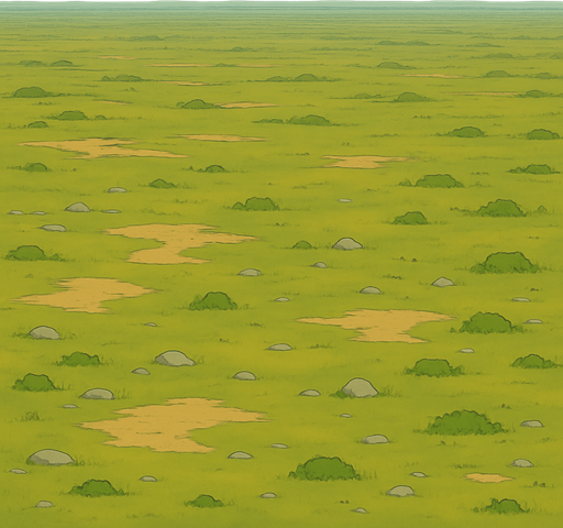 Here’s a prompt for a very distant, wide-angle view of a tree-free forest floor:

**Prompt:**
A very distant, wide-angle aerial view of a tree-free forest floor, showing expansive grassy plains with patches of dirt, scattered rocks, and low vegetation. The terrain stretches far into the horizon with subtle color variations and soft natural lighting, creating a vast, open, and serene natural environment without any trees..
In-Game asset.  2d.  High contrast.  No shadows