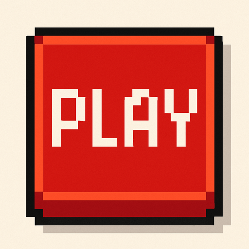 un boton cuadrado hecho con pixeles que dice play.
In-Game asset.  2d.  High contrast.  No shadows