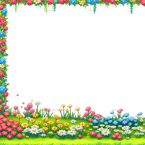 make the image of a grass side with flowers.
Single Game Texture.  2d.  Blank background.  No shadows