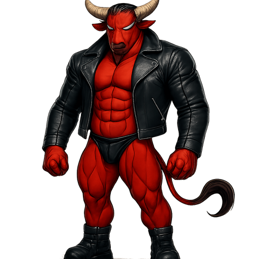 man Cyberpunk manga, minotaur monster hunk, shiny black leather biker jacket longsleeves shirtless muscles, jockstrap combat boots, Background removed, "Full-body character, entirely in frame, no cropping of face, head, or feet" "Complete character visible, from horns to hooves, fully centered in the image" "Entire character, including face and boots, fully within the frame" Character fully contained within a square frame, no edges cut off fashion model idle pose