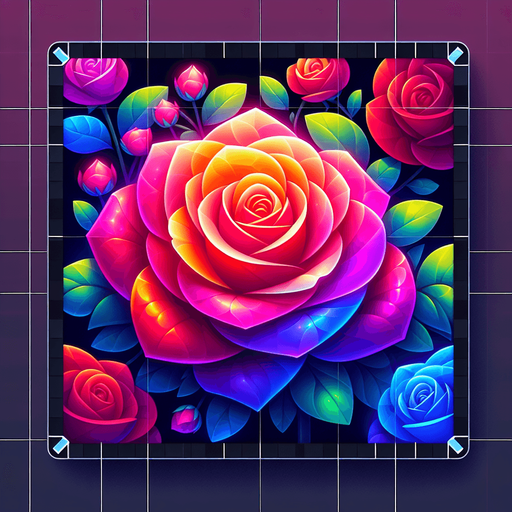 Add a glowing square shaped blooming delicious multicolour vibrant rose.
Single Game Texture. In-Game asset. 2d. Blank background. High contrast. No shadows.