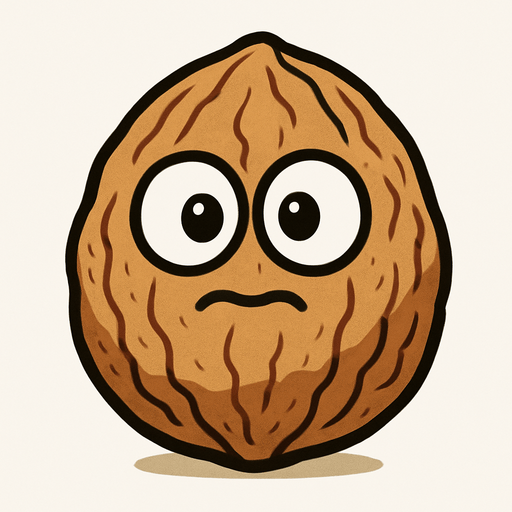 Nuez de color marrón claro, con una textura rugosa que le da un aspecto robusto. Es de forma ovalada, ligeramente más ancha en la base. Tiene dos ojos grandes y blancos con pupilas negras, que miran hacia adelante, y una boca pequeña y sonriente que le da una expresión algo asustadiza o sorprendida..
In-Game asset.  High contrast.  No shadows