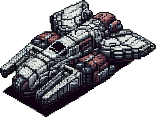 A spaceship, pixelated Single Game Texture. In-Game asset. 2d. Blank background. High contrast. No shadows.