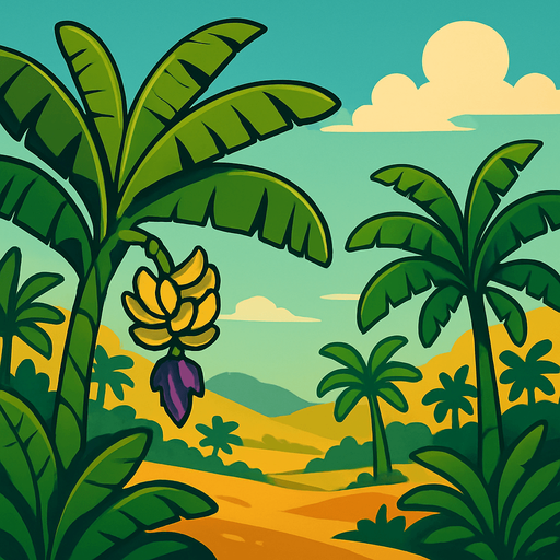 relaxing banana tree landscape.
In-Game asset.  2d.  High contrast.  No shadows