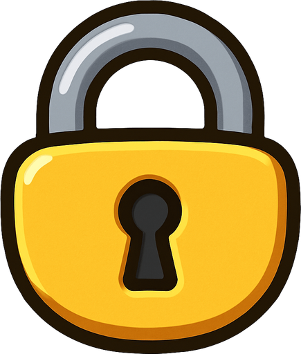 A small, flat 2D padlock icon designed for mobile games. The lock should be cartoon-style with a rounded body, thick outline, and a keyhole in the center. Use soft shadows and a slight 3D effect. The color should be golden yellow or metallic gray, clearly visible when placed over a flag. The icon must have a transparent background and be suitable for overlaying on a world map UI in a kids’ adventure game..
In-Game asset.  2d.  High contrast.  No shadows