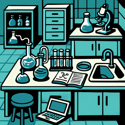 Vista desde arriba de un laboratorio.
In-Game asset.  2d.  High contrast.  No shadows