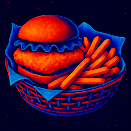 A fish burger and fries in a basket lined with paper.