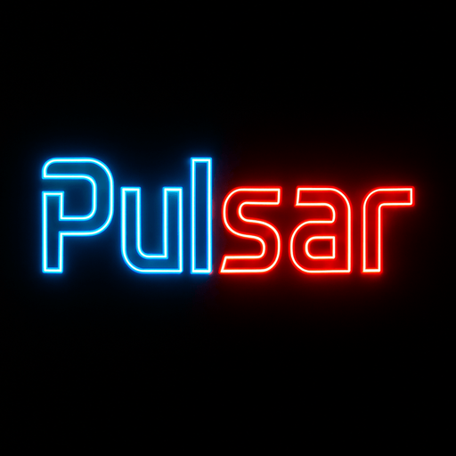 The word 'Pulsar' in a glowing neon SVG in futuristic font. The word is half blue on the left and half red on the right.

In-Game asset.  2d.  High contrast.  No shadows