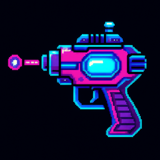 Pistola futurista, retro, neon, pixelart.
In-Game asset.  2d.  High contrast.  No shadows