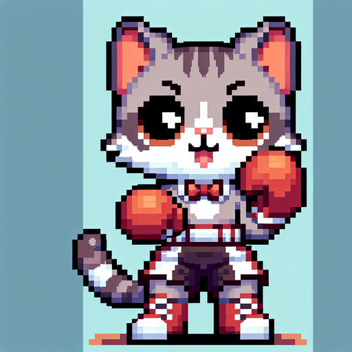 a cute anthropomorphic cat wearing boxing shorts and boxing gloves, pixel art
Single Game Texture. In-Game asset. 2d. Blank background. High contrast. No shadows.