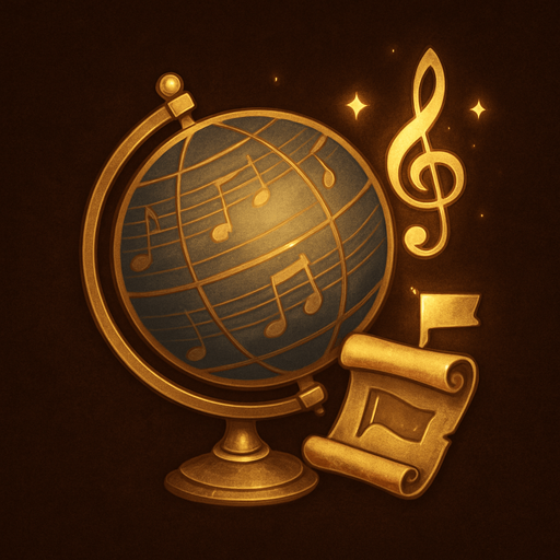 Design an icon for a Language selection button in a fantasy tower defense game set in a magical concert hall. The icon should combine a classic globe symbol with musical or magical elements to reflect the game's unique theme.

Main symbol: a stylized globe with subtle music note engravings on the surface or longitude/latitude lines formed from staff lines (like a musical sheet).
Optional elements: a floating treble clef, sparkles, or an open scroll representing language or translation.

Use elegant gold, bronze, or blue tones, with a soft magical glow.
The background should be subtle—velvet, dark wood, or parchment-like texture.

Icon must be square (256×256 px), readable at small sizes, and must not include text.
Optional: provide a state where a small flag symbol or dropdown arrow appears to suggest language selection.

Style: refined, orchestral fantasy UI—fitting the atmosphere of a haunted concert hall with magical elegance..
In-Game asset.  2d.  High contrast.  No shadows
