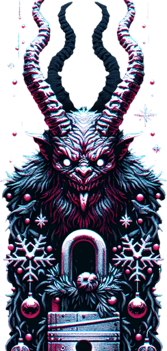 eerie christmas inspired krampus lock with a resident evil style.
Single Game Texture. In-Game asset. 2d. Blank background. High contrast. No shadows.