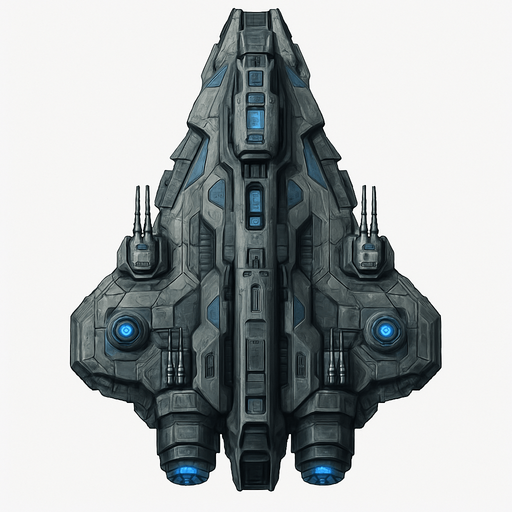 Uzay temalı Savaş Gemisi, gerçekçi, yazısız üstten görünüm. 
In-Game asset.  High contrast.  No shadows