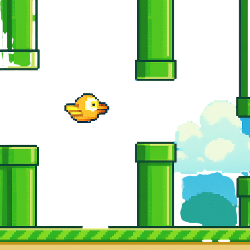 Fullscreen modern App Store landscape banner, 16:9, high definition, for a game titled "Flappy Flight" and with the description "Guide a bird through gaps in pipes by tapping to flap and avoid obstacles. Score points for each successful pass.". No text on banner! pixel