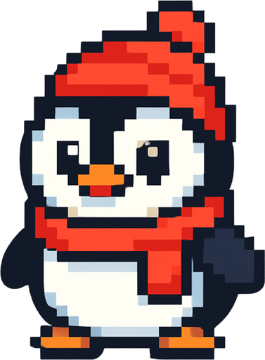El pingüino debe ser un personaje tierno y redondeado, con cuerpo negro y blanco bien definido, picos y patas naranjas, y ojos grandes y expresivos que transmitan simpatía; puede llevar una bufanda roja o gorrito invernal como detalle extra, y debe tener una animación suave de balanceo lateral o parpadeo para darle vida; el estilo debe ser pixel art limpio, con trazos simples y colores vivos, y el fondo transparente para que se integre perfectamente en un juego casual y alegre.
In-Game asset.  2d.  High contrast.  No shadows
