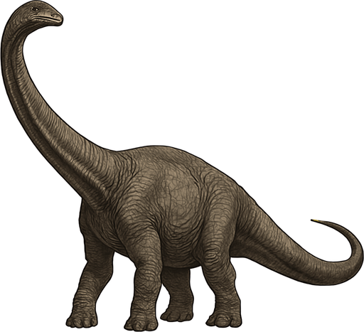 A massive Diplodocus dinosaur shown in a calm standing pose on a transparent background. It has an extremely long neck and tail, with a large bulky body covered in grayish-brown textured scales. The head is small with gentle eyes and a narrow snout. The skin shows wrinkles and rough textures, emphasizing the dinosaur’s massive size and ancient nature. The legs are thick and sturdy, supporting its heavy frame..
In-Game asset.  2d.  High contrast.  No shadows