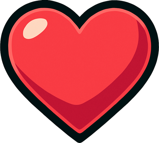 Crea un icono que represente las vidas del jugador. Debe ser un corazón estilizado y vibrante, visto directamente desde arriba, en un estilo 2D renderizado, limpio y cartoonish. El corazón debe tener contornos claros, colores vivos (principalmente rojo o rosa brillante) y un sombreado sutil que le dé volumen. Debe ser fácilmente reconocible y legible incluso a tamaño pequeño..
In-Game asset.  2d.  High contrast.  No shadows
