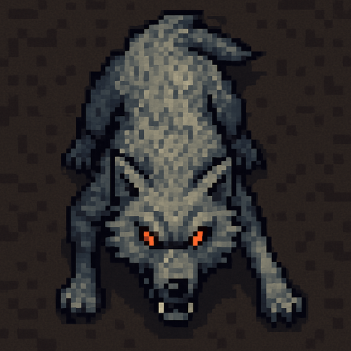 “Top-down 2D pixel art of a light gray wolf with glowing red eyes. The wolf is in an aggressive stance, body low and tense as if ready to pounce or stalking prey. Fur is rough and slightly wind-blown. Viewed directly from above, with visible head, back, legs, and tail. Designed as a game sprite with a hostile and wild appearance.”.
In-Game asset.  2d.  High contrast.  No shadows