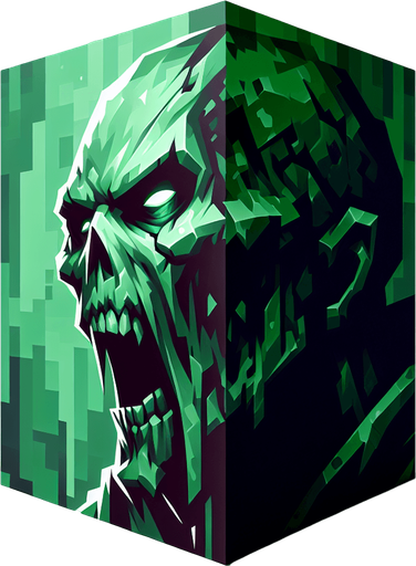 stylized green zombie head.
Single Game Texture. In-Game asset. 2d. Blank background. High contrast. No shadows.