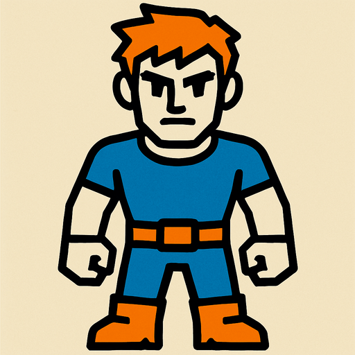 male character facing the screen.
In-Game asset.  2d.  High contrast.  No shadows