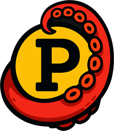 una p dentro de una esfera con un brazo de un pulpo rojo rodeandola.
In-Game asset.  2d.  High contrast.  No shadows